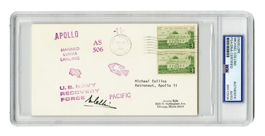 Michael Collins Signed Cover From Apollo 11 Recovery Ship, PSA Encapsulated