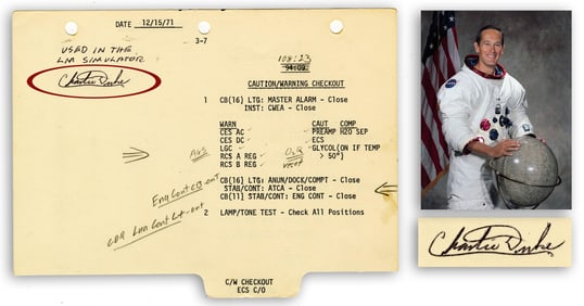 Apollo 16, Charlie Duke Signed Simulator Training Checklist, Zarelli Authenticated!