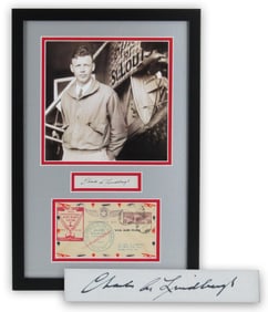 Charles Lindbergh Cut Signature & Flown Cover, Framed Display