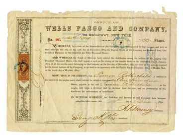 Wells Fargo & Co. Omaha Treaty Stock Certificate, 1870
