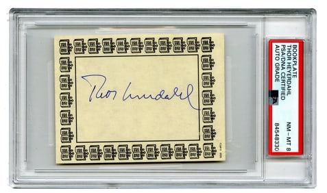 Kon-Tiki Expedition Leader Thor Heyerdahl Signed Bookplate, PSA Graded NM-MT 8