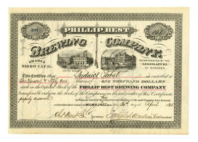 Frederick Pabst Signed Brewing Company Stock Certificate