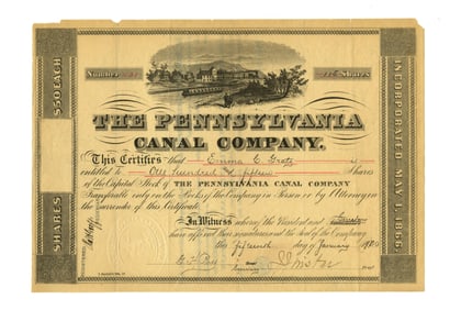 Stock Certificate for 115 Shares in The Pennsylvania Canal Company Issued to Emma Gratz of the