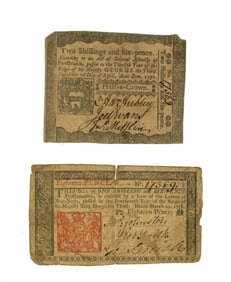 Two Colonial Currency Notes from NJ and PA, Including One Printed in 1776