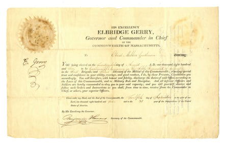 Elbridge Gerry 1810 Commission for MA Militia
