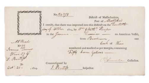 Benjamin Lincoln Signed Ship's Importation Papers, 57 Gallons of Wine from Bordeaux