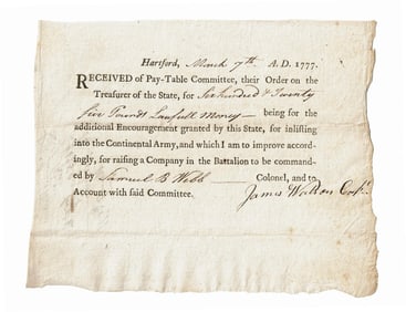 Revolutionary War 1777 Encouragement Pay for Enlistment in Continental Army