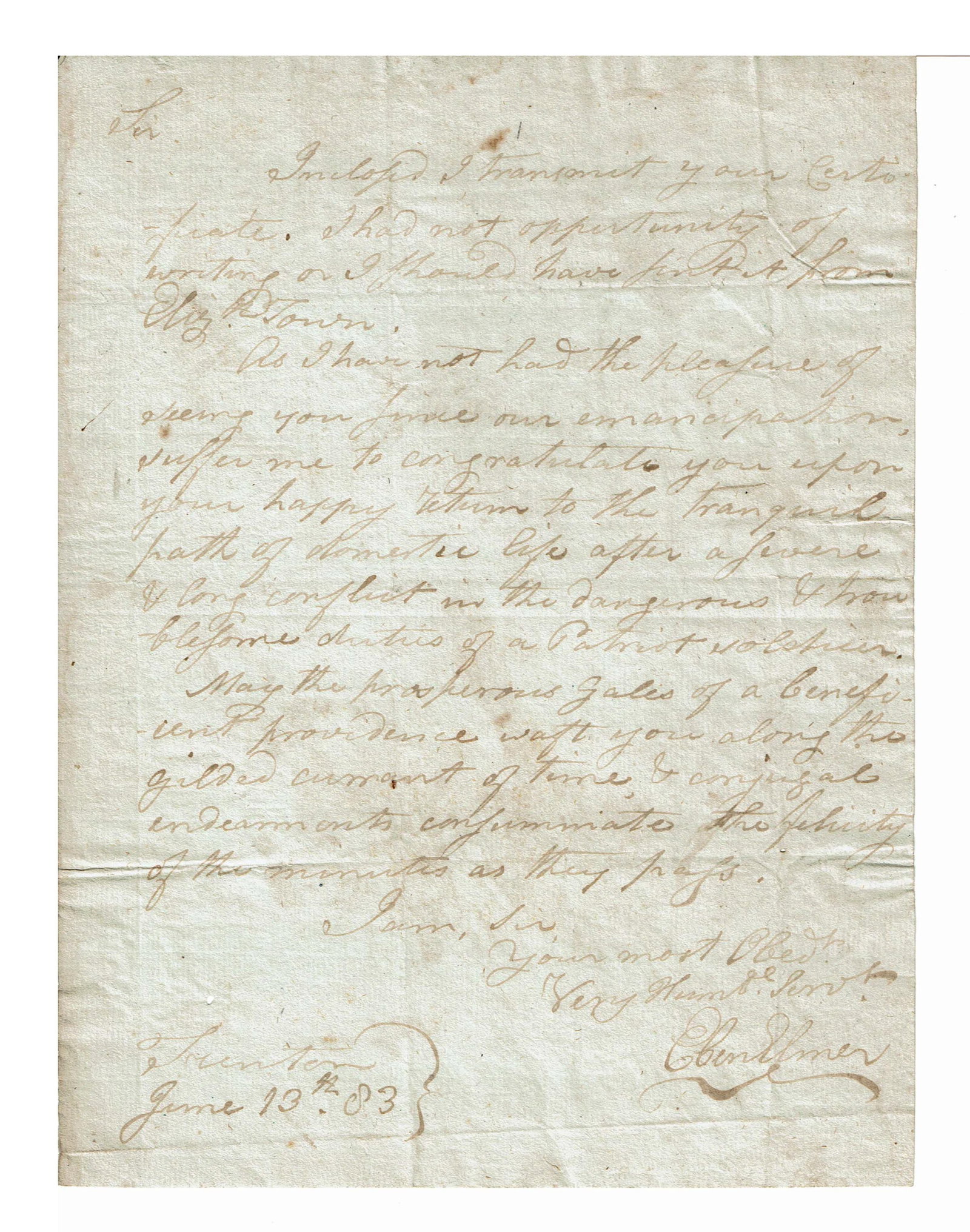 Ebenezer Elmer ALS to a "Patriot soldier" at the Close of the Revolutionary War: Revolutionary War Trenton, NJ, June 13, 1783 Ebenezer Elmer ALS to a "Patriot soldier" at the Close of the Revolutionary War ALS Revolutionary War. Ebenezer Elmer (1752-1843). Autograph Letter Signed,