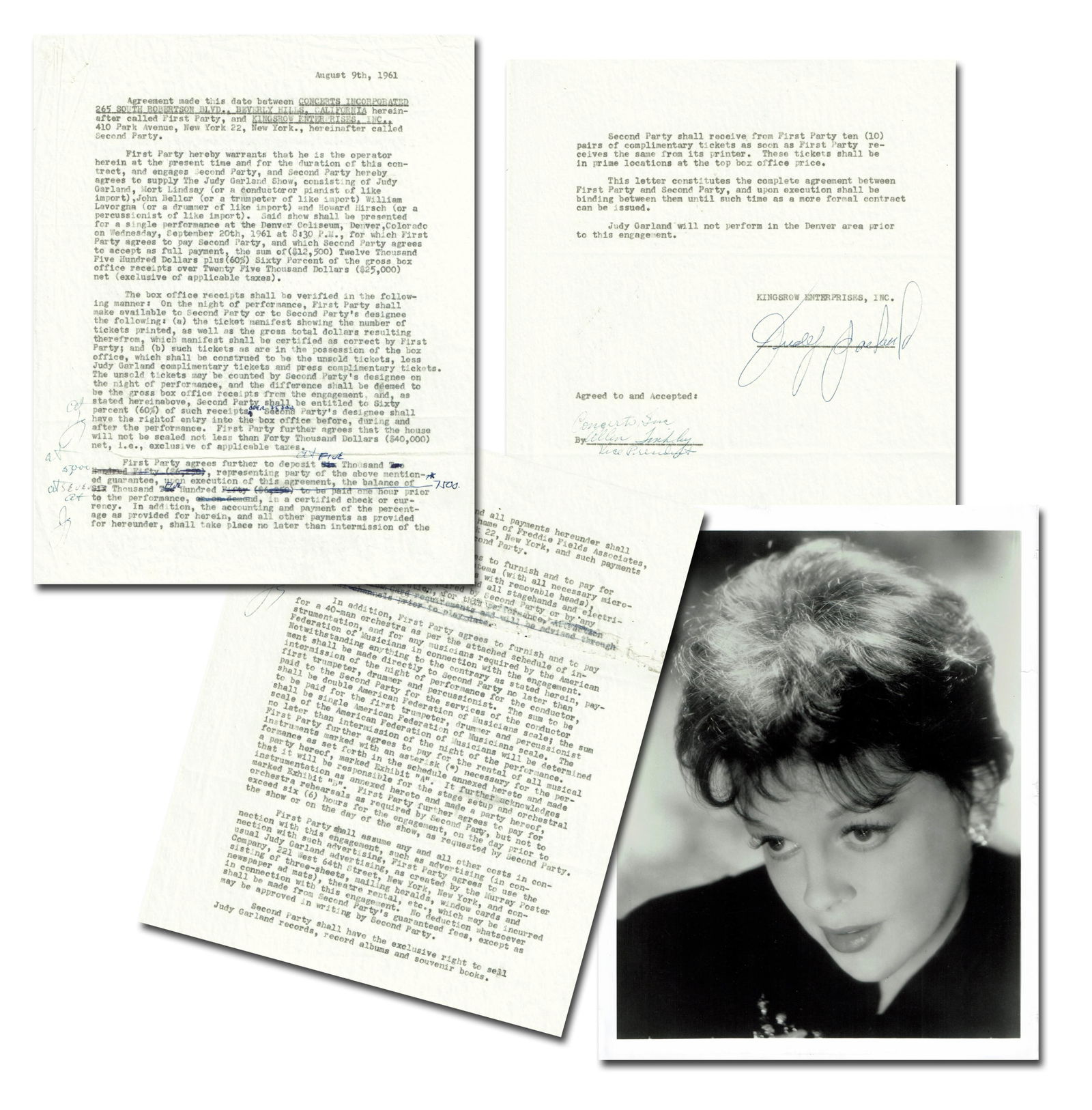 Judy Garland Signed 1961 Concert Tour Agreement (1 of 7)