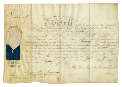 Queen Victoria Signed 1844 Military Commission