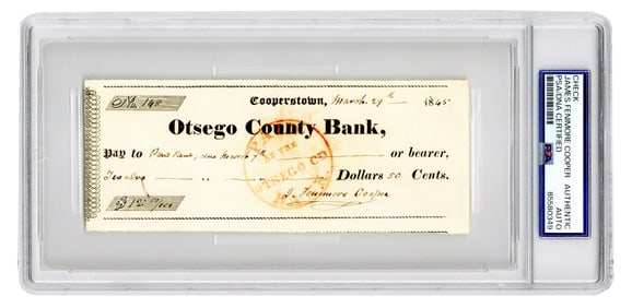 James Fenimore Cooper PSA Certified Check Written The Same Year "Satanstoe" Was Published