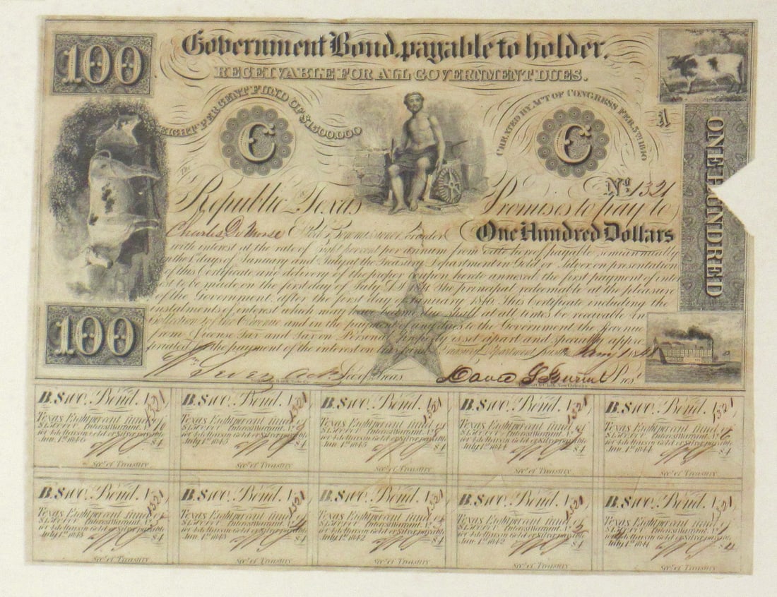 Republic of Texas Government $100 bond issued payable to Charles De Morse, known as "The Father of (1 of 1)