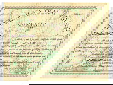 Scarce Stock Certificate for Five Shares of Preferred Stock of the Alaska Central Railway Company