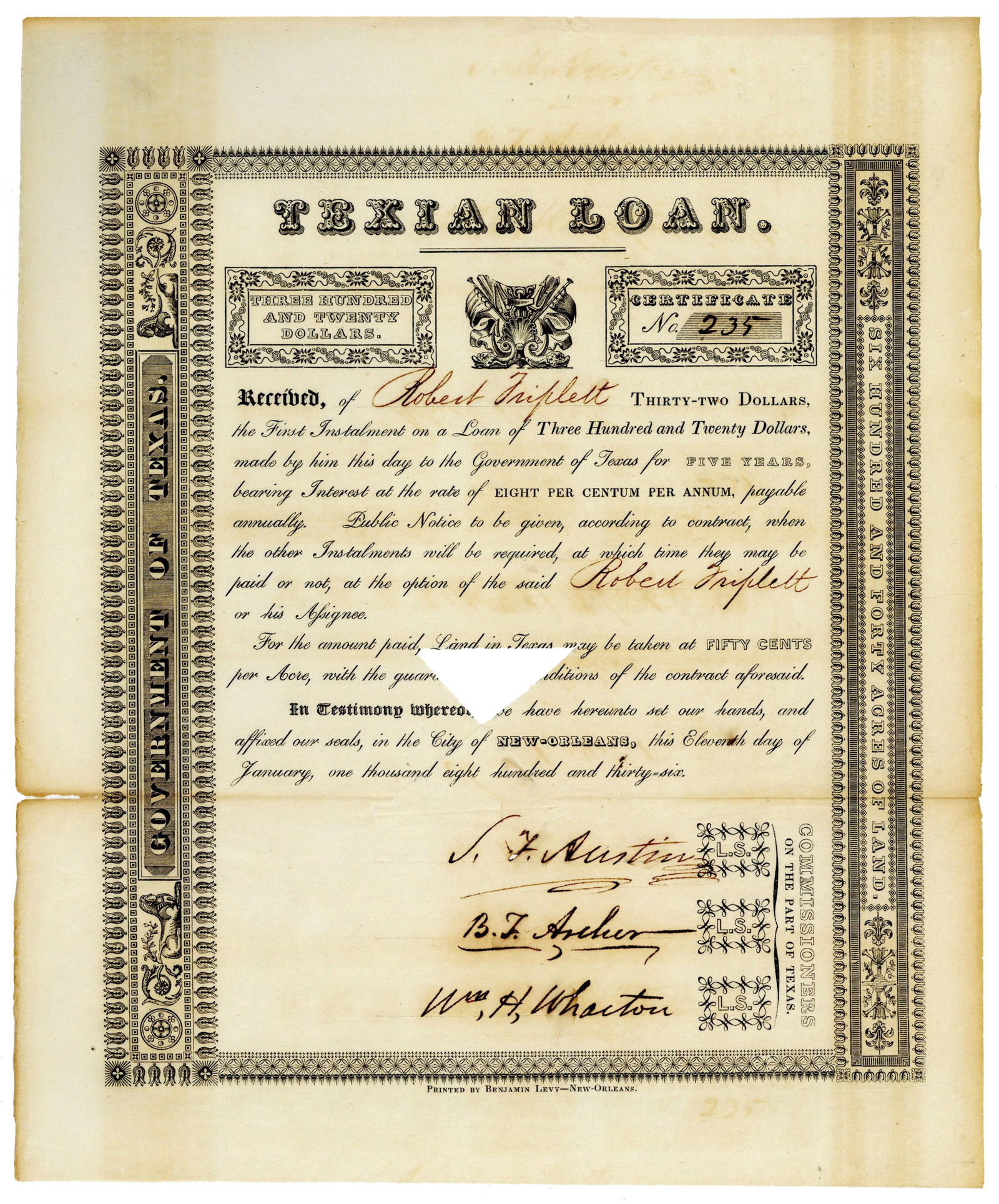 Very Rare Stephen F. Austin Signed Texian Loan (1 of 2)
