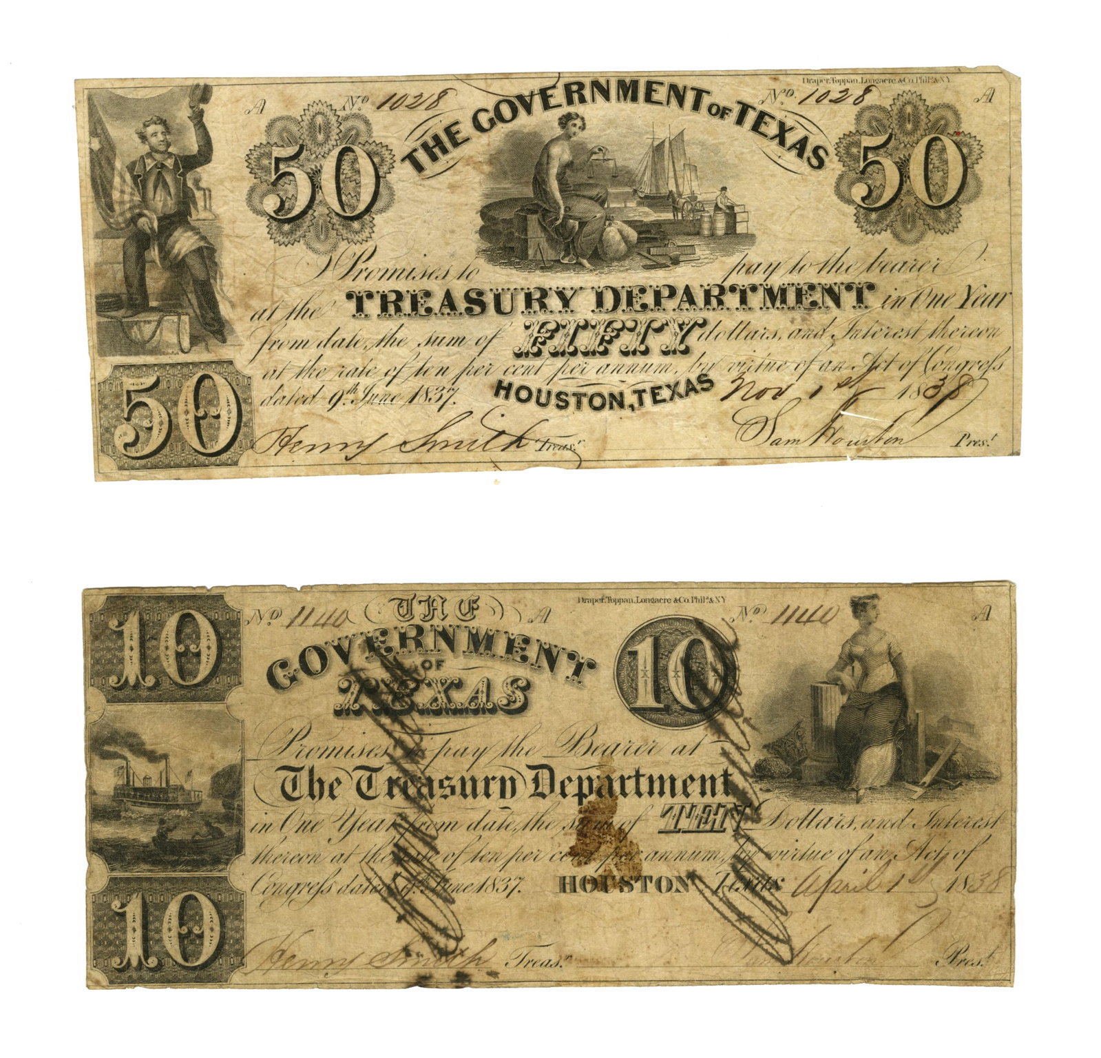 Two Government of Texas Engraved Notes Issued During the Last Year of Sam Houston’s First Term: Sam Houston Houston, TX, ca. April 1 and November 1, 1838 Two Government of Texas Engraved Notes Issued During the Last Year of Sam Houston’s First Term as President of the Republic Engraved Cur