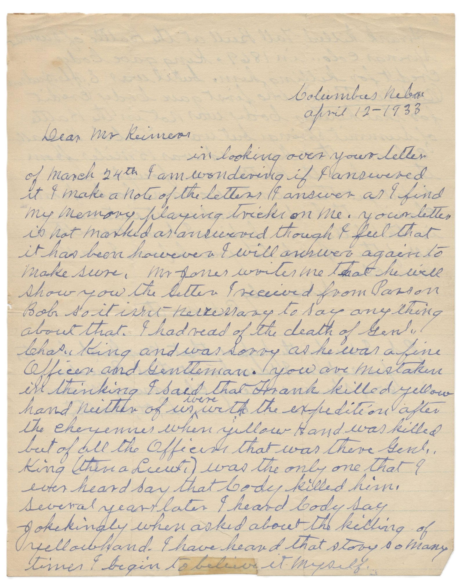 Buffalo Bill Cody Killing Yellow Hand, Libby Custer Too - Indian War Recollections by Pawnee Scout (1 of 3)