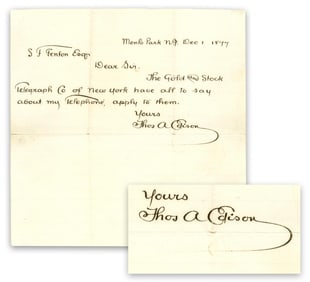 Thomas Edison 1877 ALS on Telephone and "Gold and Stock Telegraph" - Hugely Important