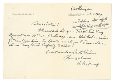 Carl G. Jung Handwritten Signed Letter Inviting His Mentee To Tea