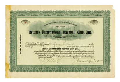 Newark International Baseball Club Stock Certificate, 1927