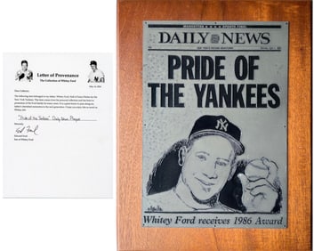 Whitey Ford's Owned "Pride of the Yankees" Daily News Plaque From Monument Park Induction!
