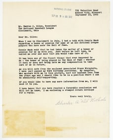 Charles "Kid" Nichols TLS Requesting "bonus or pension for some of us old National League players"