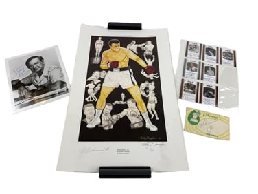 Muhammad Ali Signed Paddy Monaghan Illustrated Poster, with Other Boxing Great Autographed Photo &