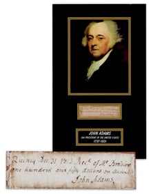 John Adams Signed Receipt, Handsomely Displayed