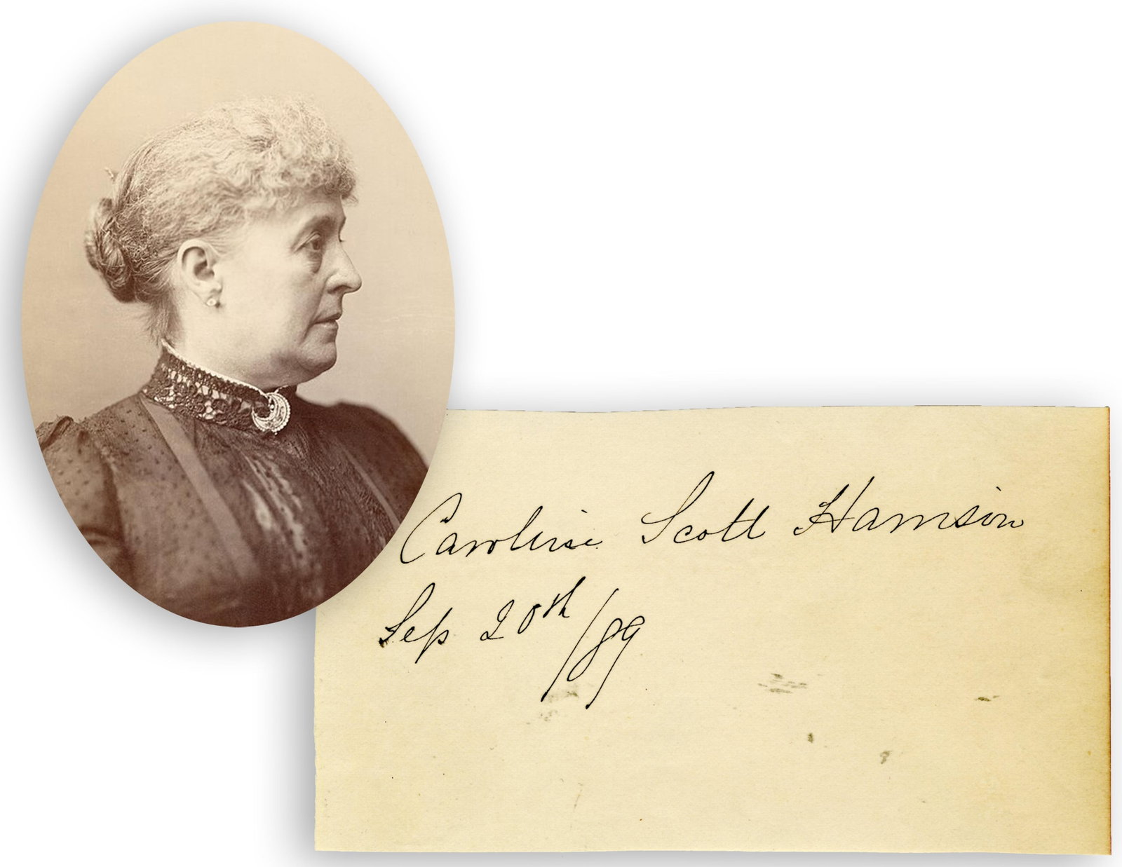 Caroline Harrison Cut Signature Three Years Before Her Death: Caroline Harrison n.p., September 20, 1889 Caroline Harrison Cut Signature Three Years Before Her Death Signature Caroline Lavinia Harrison (1832-1892). Signature, "Caroline Scott Harrison, Sep 20th /