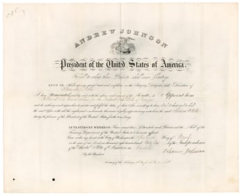 Andrew Johnson Signed Treasury Commission With Georgia Connection - Superb Signature!