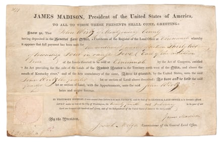 James Madison Land Grant One Week After War of 1812 Ends