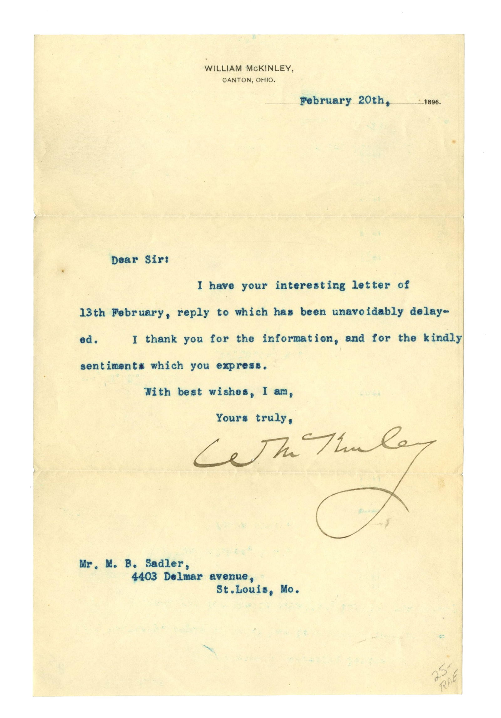 William McKinley 1896 TLS, Large & Bold Signature! (1 of 2)