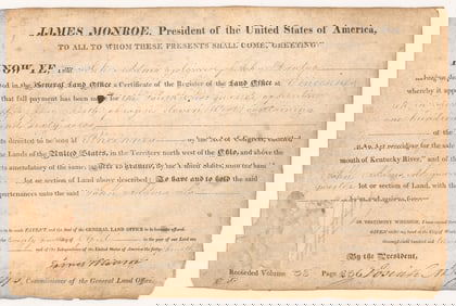 James Monroe Land Grant for 160 Acres Sold at Vincennes