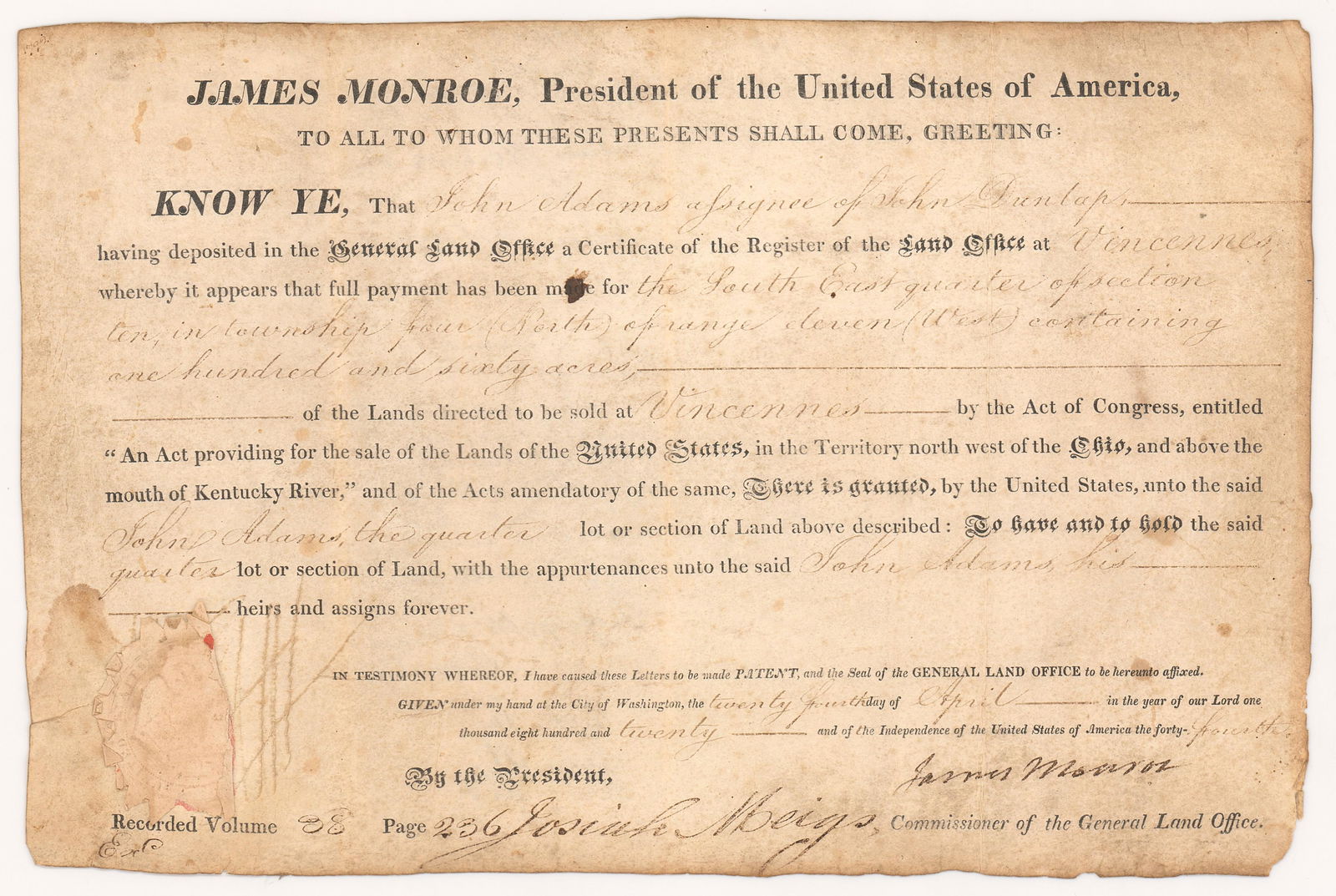 James Monroe Land Grant for 160 Acres Sold at Vincennes (1 of 3)