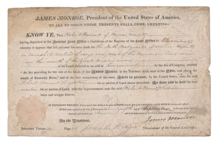 James Monroe Signed As President Land Grant Near "mouth of the "Great Miami river"