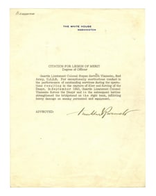 FDR Rare Citation for Legion of Merit to Soviet Colonel Vlasenko