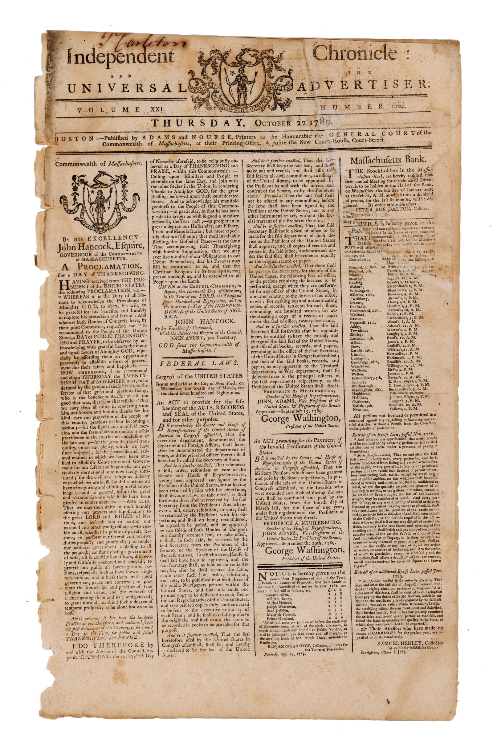 Hancock Presents G. Washington's 1st Thanksgiving Proclamation (1 of 5)