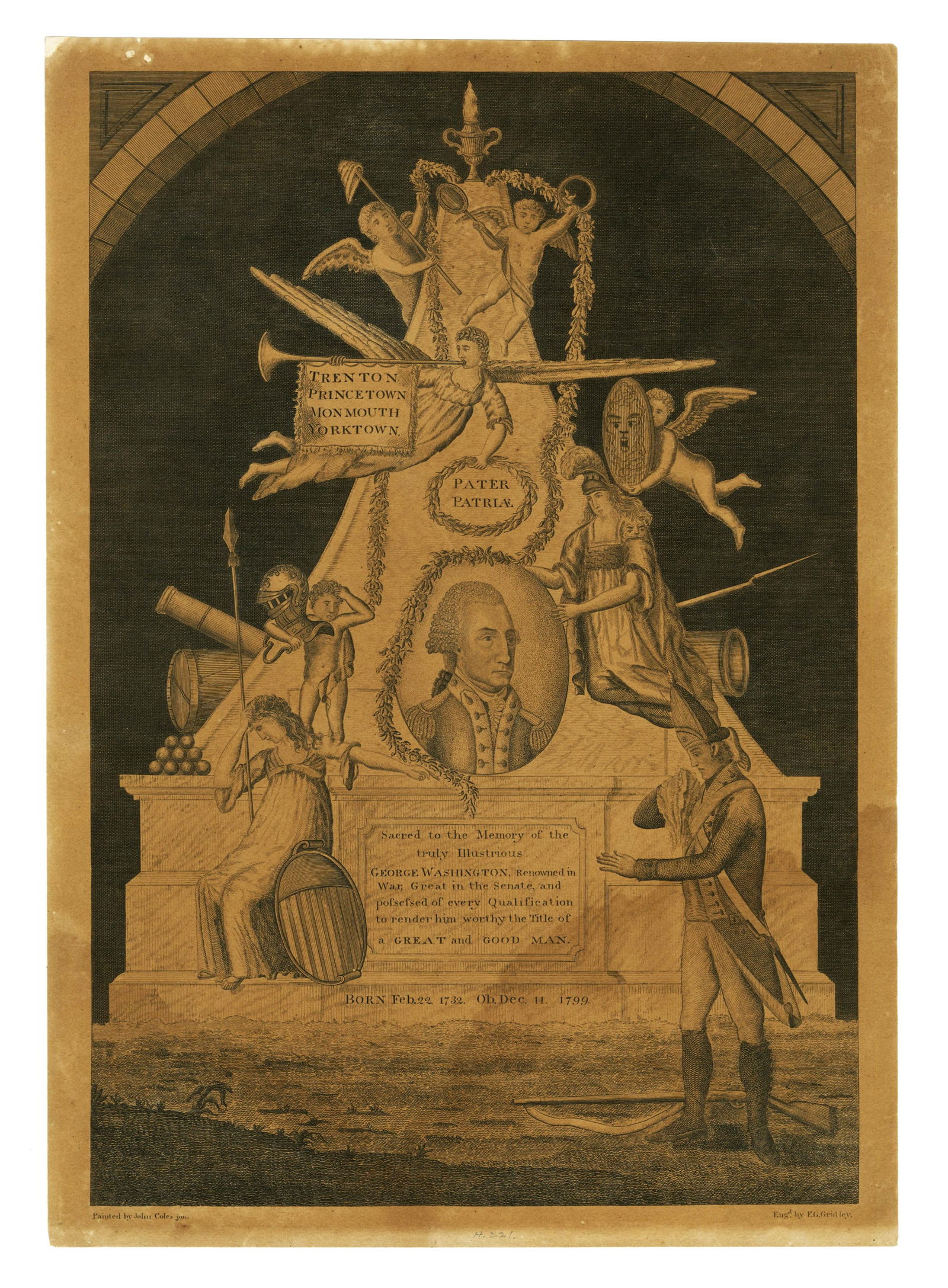 Scarce Memorial Engraving of George Washington: “Father of the Country," by E. G. Gridley: George Washington[Boston, MA], [July 28, 1800]Scarce Memorial Engraving of George Washington: “Father of the Country," by E. G. GridleyEngraving[George Washington]. Single sheet, 9.8” x 14