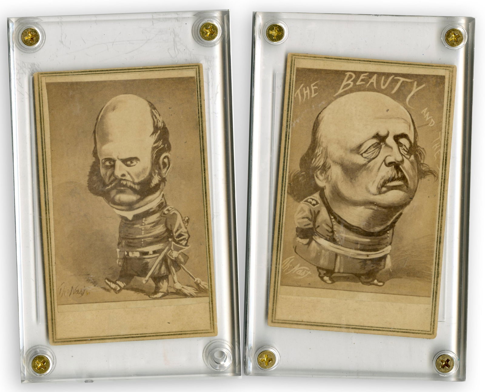 Thomas Nast Pair of Brady CDVs of Ambrose Burnside & Benjamin Butler - Political Cartoons: Thomas NastNew York, NY, ca. 1800sThomas Nast Pair of Brady CDVs of Ambrose Burnside & Benjamin Butler - Political CartoonsCDVThomas Nast (1840-1902) Cartes de visite political illustrations, publishe