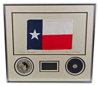 Apollo XII Display Signed By All 3 Crew, Featuring Space-Flown & Moon-Landed Texas State Flag!