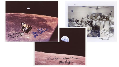 Apollo Mission Signed Photo Trio - Apollo 8 Earthrise, Apollo 11 Eagle & Apollo 11 GUIDO
