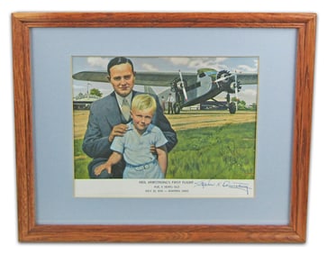 Neil Armstrong & Father Stephen Signed by Both - Charming Print of 6-Year-Old Neil's "First Flight"