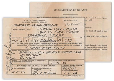 Gus Grissom’s Pilot’s Certificate from Mercury Period, Unique! Pre-Cert Zarelli