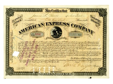 William G. Fargo Signed 1873 American Express Co. Stock Certificate, Fine!
