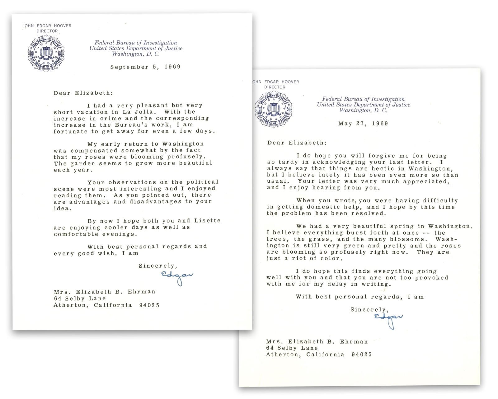 FBI Director Hoover Pair of Letters, Civil Rights Protests, He Manages a Hectic Washington and (1 of 3)