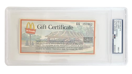 Ray Kroc Signed McDonald's Gift Certificate, PSA MINT 9