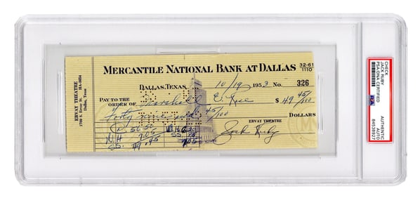 Jack Ruby PSA Signed Check With Ervay Theatre Connection