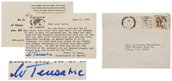 Mother Teresa Signed Letter, "please pray for us and all our poor"