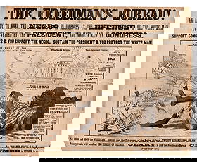 Huge "The Freedman's Bureau!" Reconstruction-Era Broadside For Clymer's Gubernatorial Campaign: ReconstructionPennsylvania, ca. 1866Huge "The Freedman's Bureau!" Reconstruction-Era Broadside For Clymer's Gubernatorial CampaignBroadsideA racist broadside titled "The Freedman's Bureau! An agency t