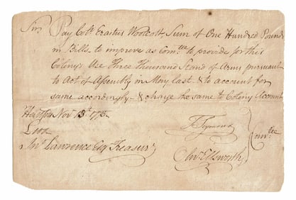 Oliver Ellsworth Signed Order for 3,000 Stand of Arms at Start of Revolutionary War