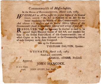 John Hancock & Samuel Adams Broadside, "Act for better regulating the Militia" Rare